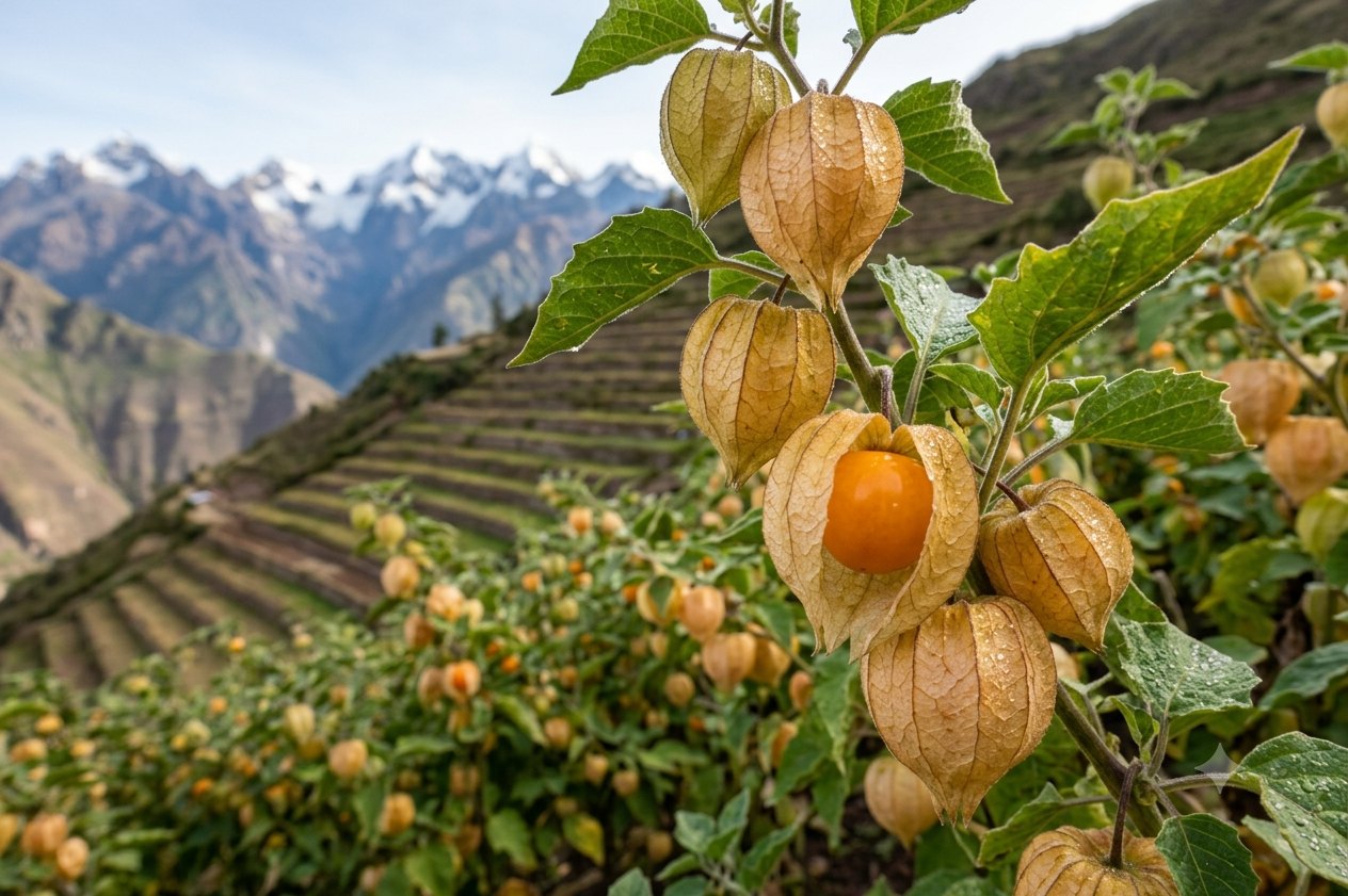Cape gooseberries growing on terraced Andean slopes beneath snow-capped peaks