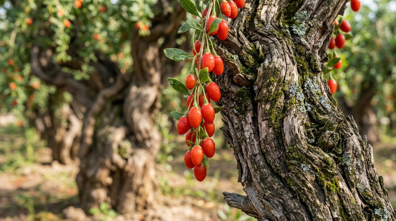 Ripe goji berries hanging from ancient gnarled vines in an orchard