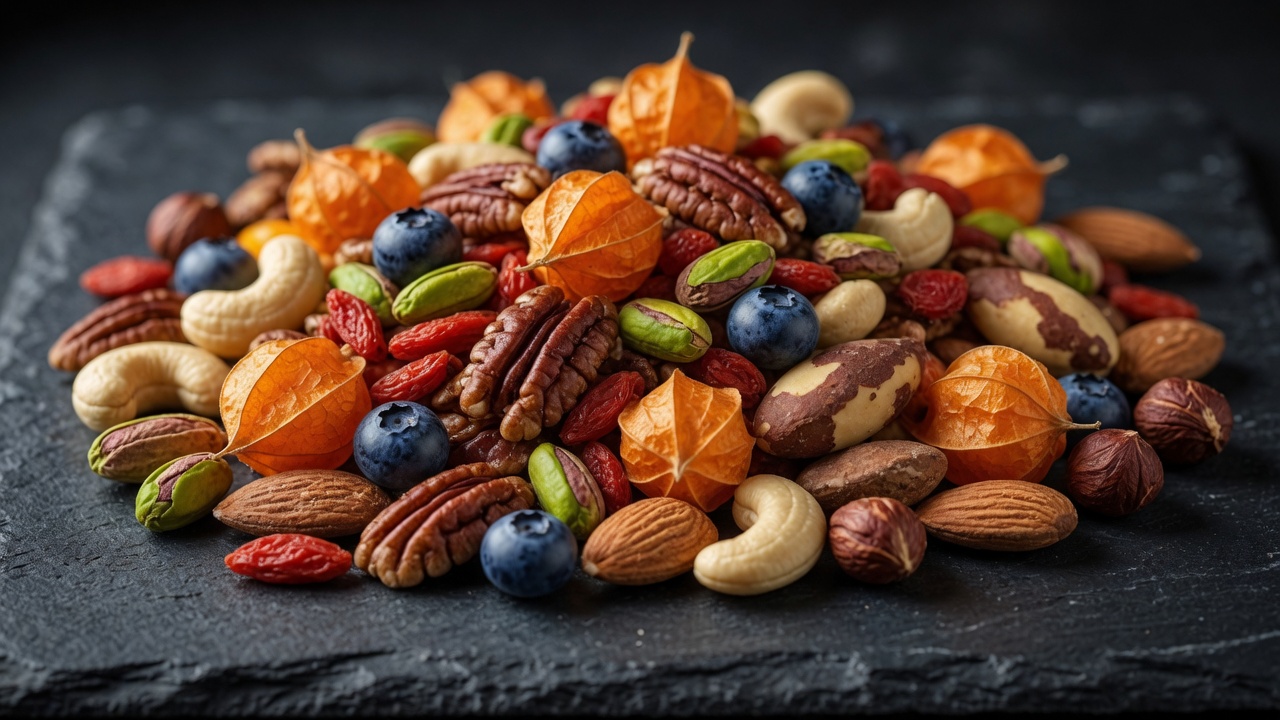 WITHAWARRIOR mix: rare superfruits, chocolate blueberries, and noble tree nuts on black slate