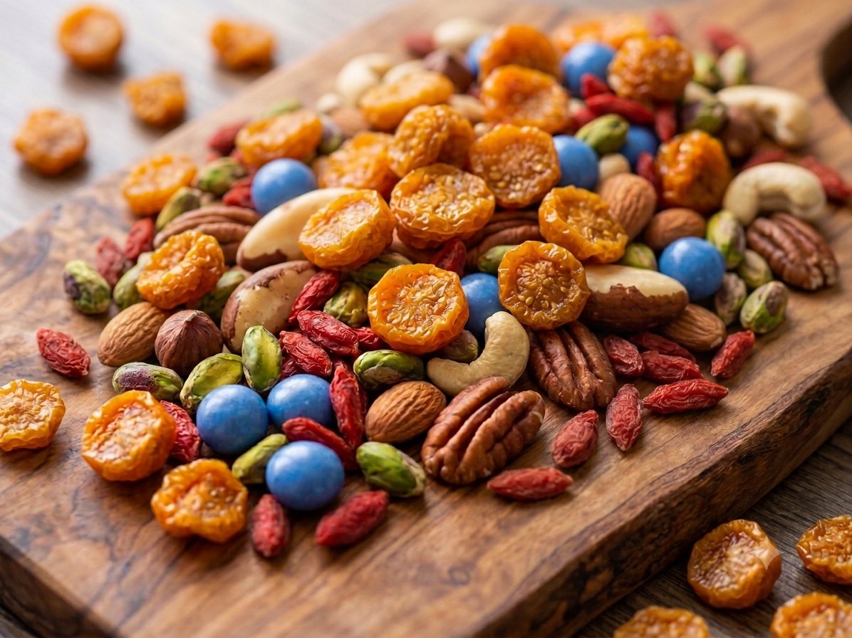 The finished Warrior Mix: golden berries, goji, chocolate blueberries, and tree nuts on a wooden board